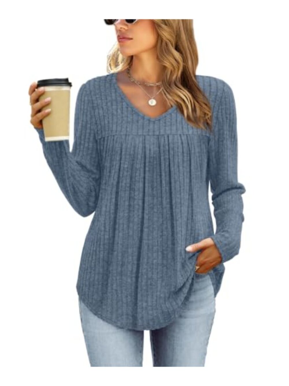 V Neck Long Sleeve Tunic Top Lightweight Pullover Women Dressy Casual